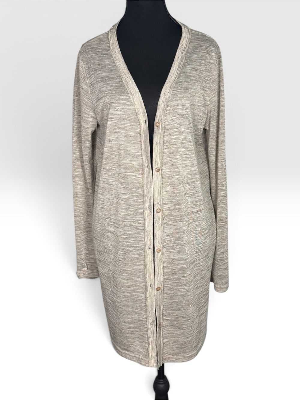 La Miel Long Duster Cardigan L Marled Beige Button Front Pockets
